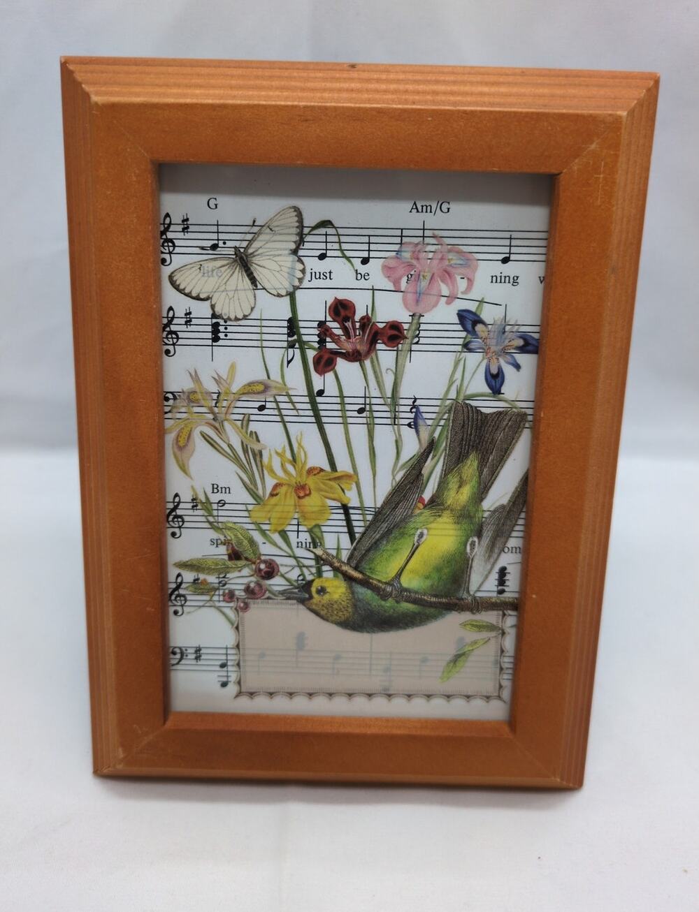 Burnes Wood Frame 4x6 Cottagecore Botanical Bird Butterfly Upcycled Art Decor